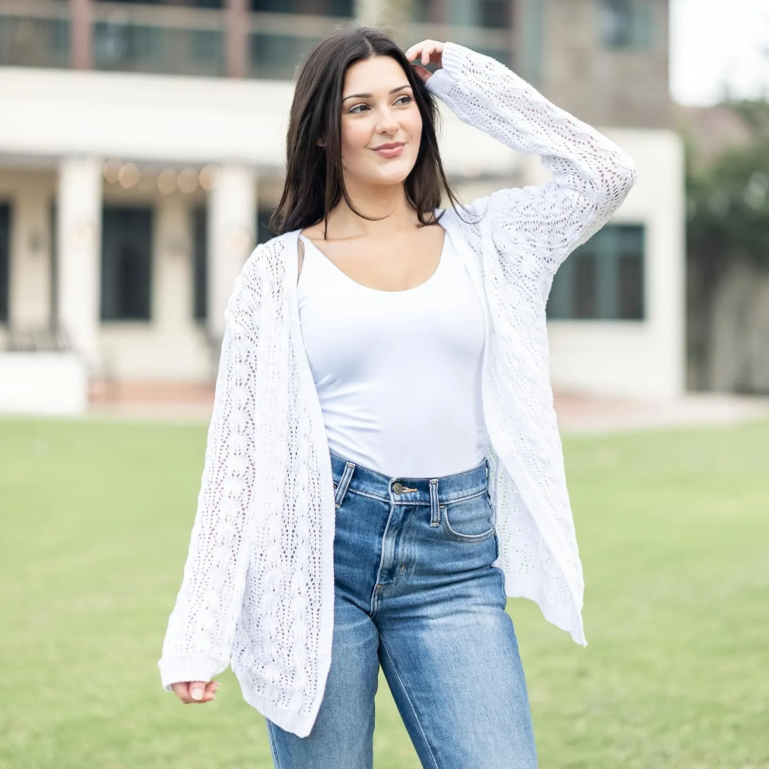 Loxdonz Women's Crochet Cardigan Long Sleeve Lightweight Soft Open Front Knitted Kimono Sweater Cardigans