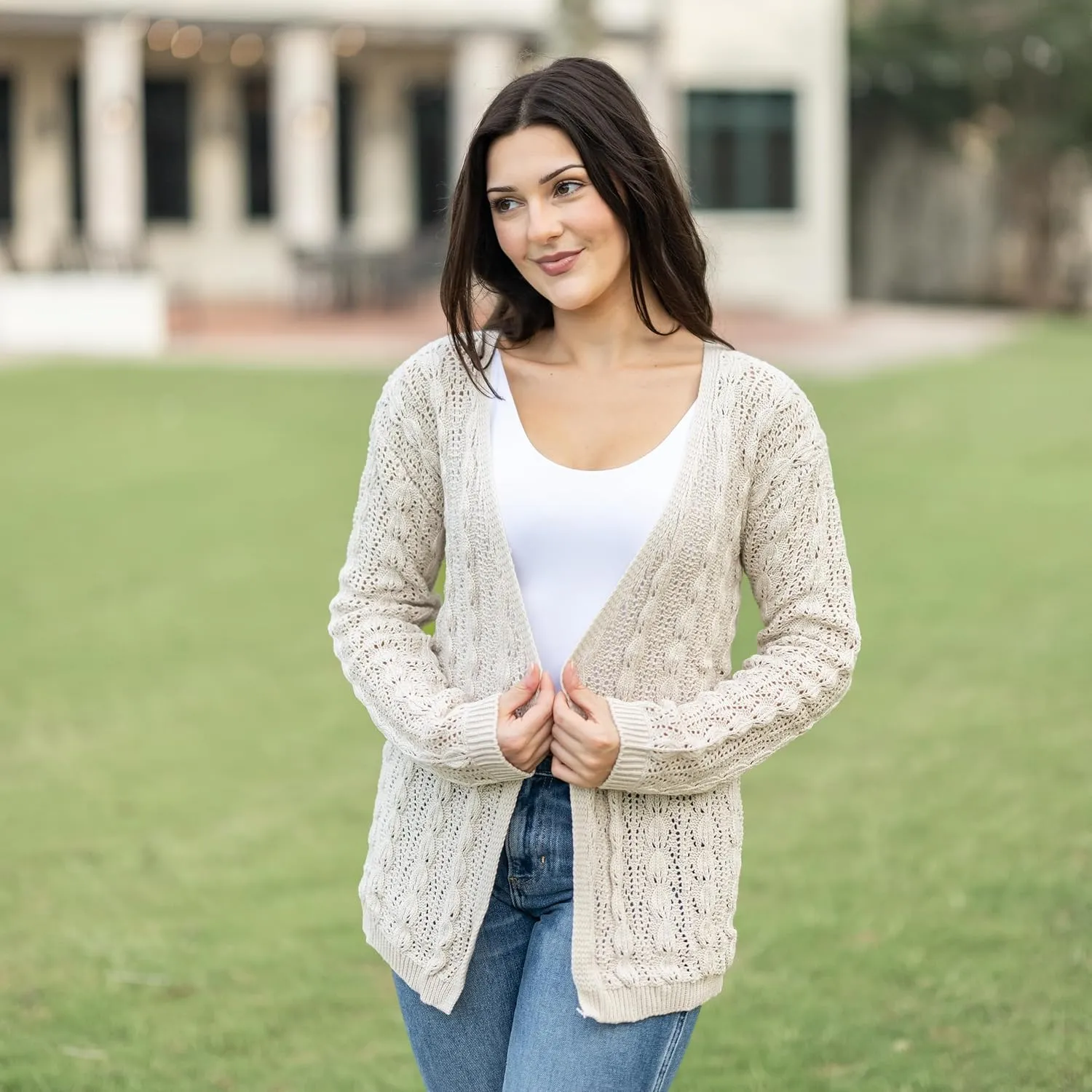 Loxdonz Women's Crochet Cardigan Long Sleeve Lightweight Soft Open Front Knitted Kimono Sweater Cardigans