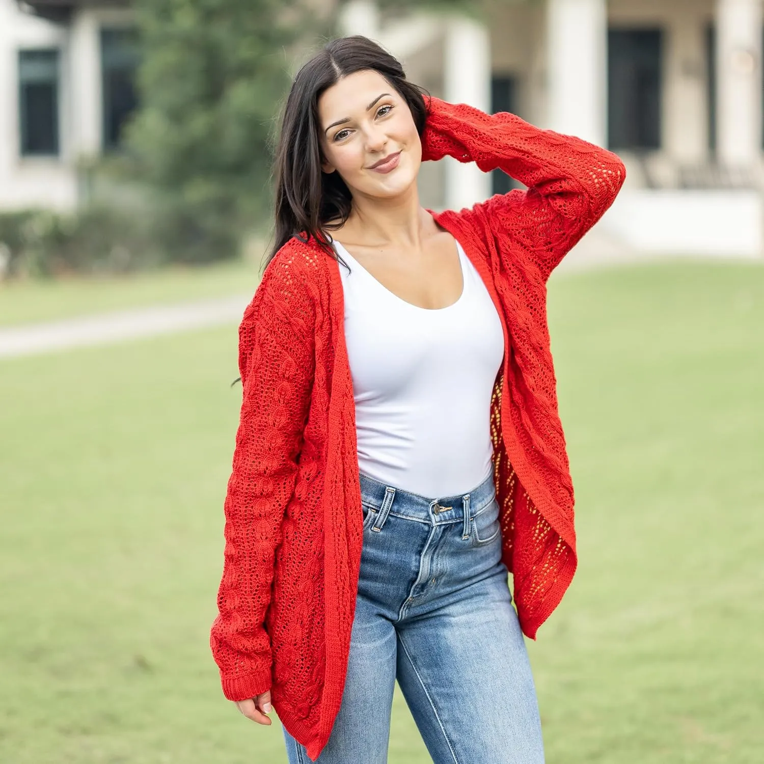 Loxdonz Women's Crochet Cardigan Long Sleeve Lightweight Soft Open Front Knitted Kimono Sweater Cardigans