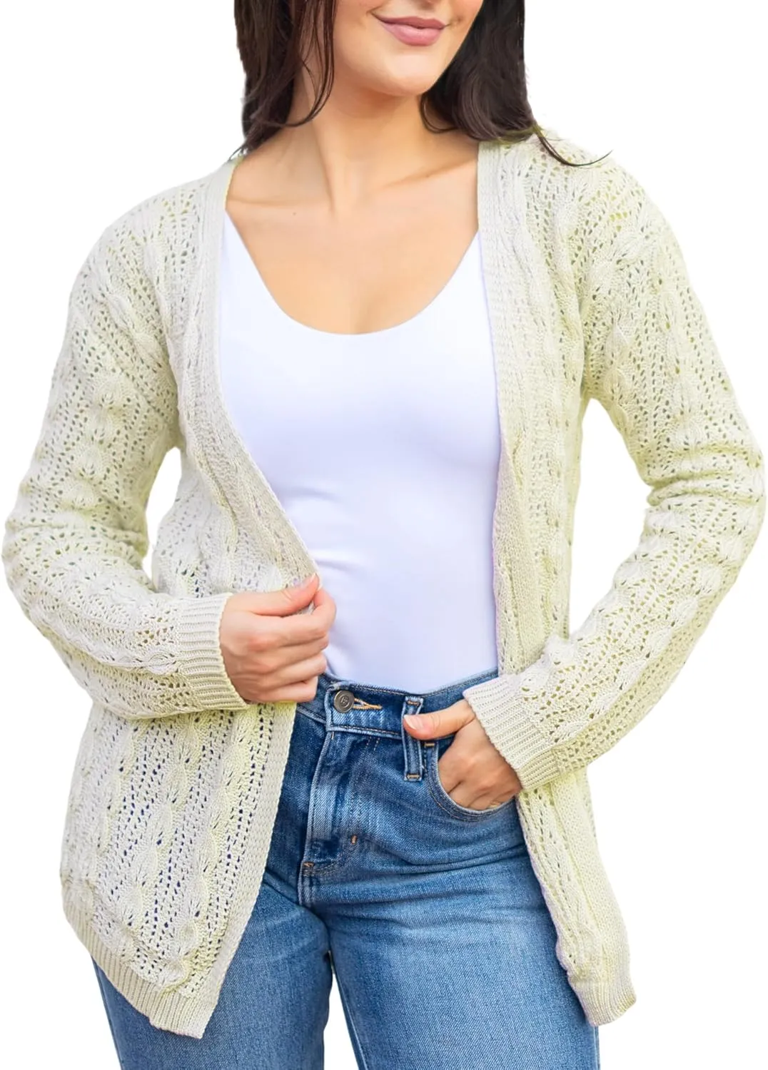 Loxdonz Women's Crochet Cardigan Long Sleeve Lightweight Soft Open Front Knitted Kimono Sweater Cardigans
