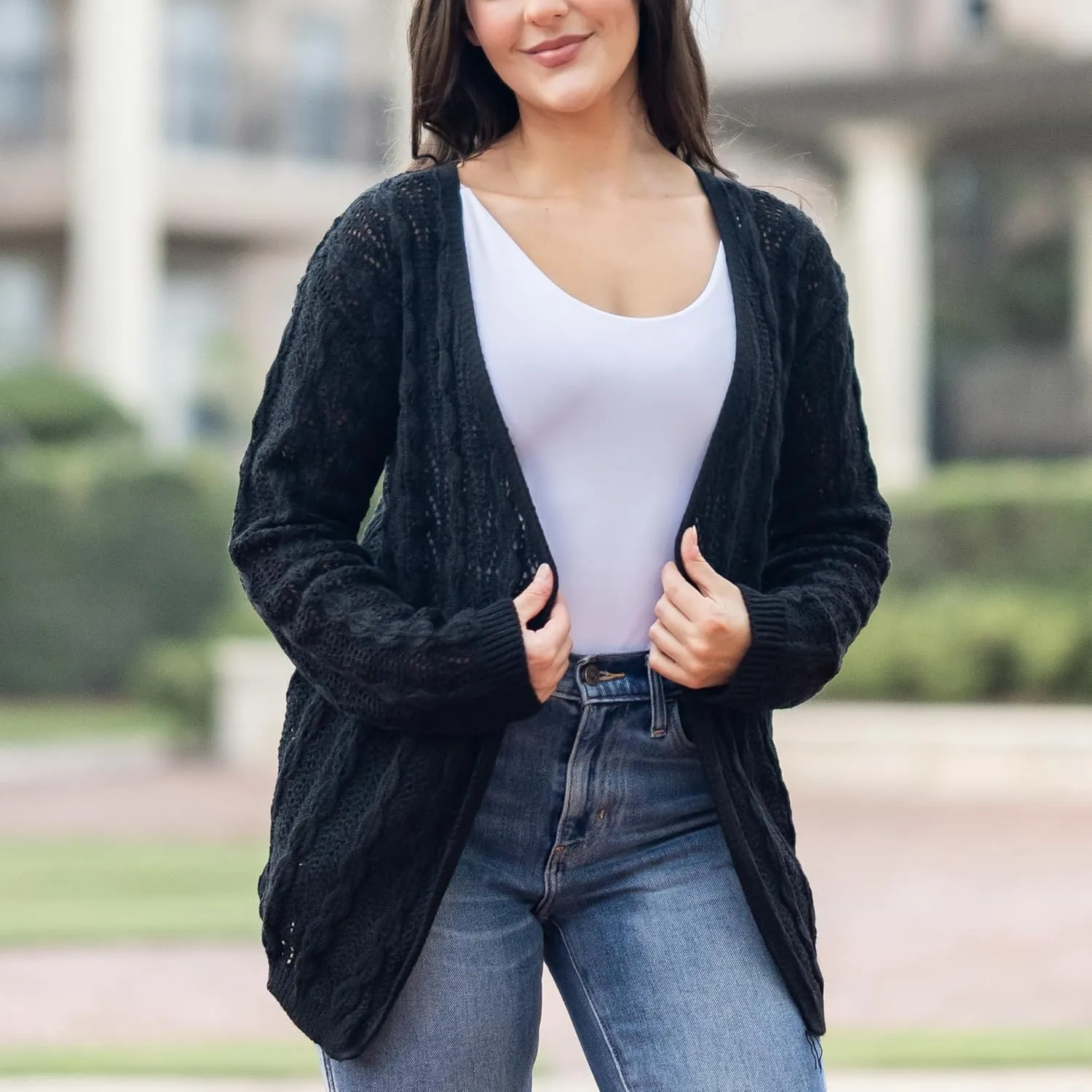 Loxdonz Women's Crochet Cardigan Long Sleeve Lightweight Soft Open Front Knitted Kimono Sweater Cardigans