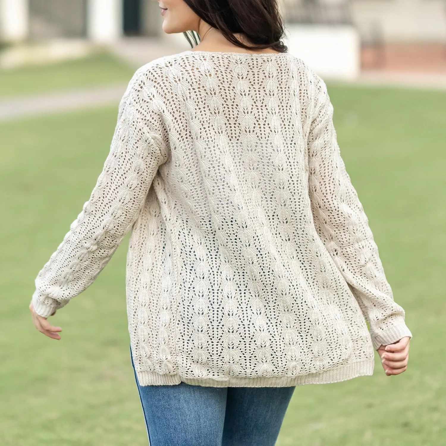Loxdonz Women's Crochet Cardigan Long Sleeve Lightweight Soft Open Front Knitted Kimono Sweater Cardigans