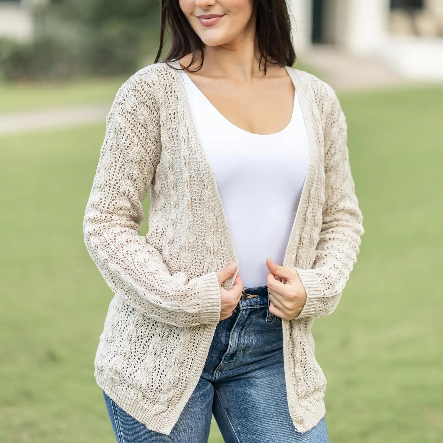 Loxdonz Women's Crochet Cardigan Long Sleeve Lightweight Soft Open Front Knitted Kimono Sweater Cardigans