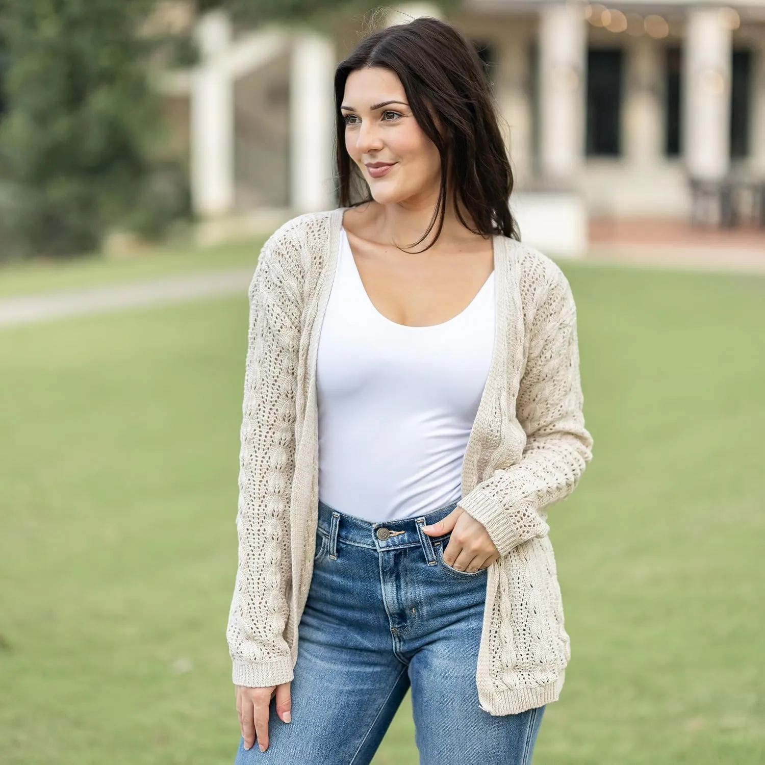 Loxdonz Women's Crochet Cardigan Long Sleeve Lightweight Soft Open Front Knitted Kimono Sweater Cardigans