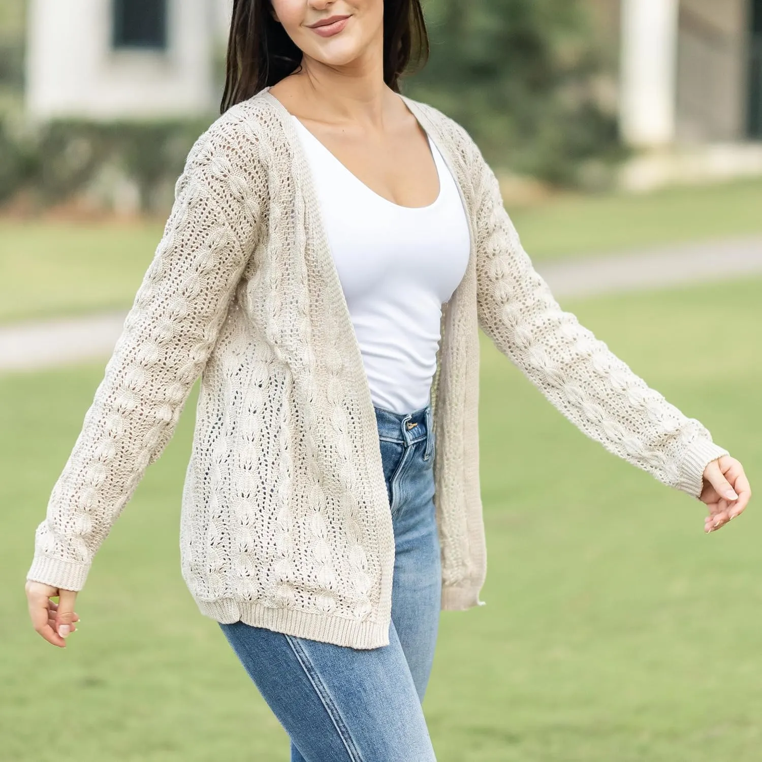 Loxdonz Women's Crochet Cardigan Long Sleeve Lightweight Soft Open Front Knitted Kimono Sweater Cardigans