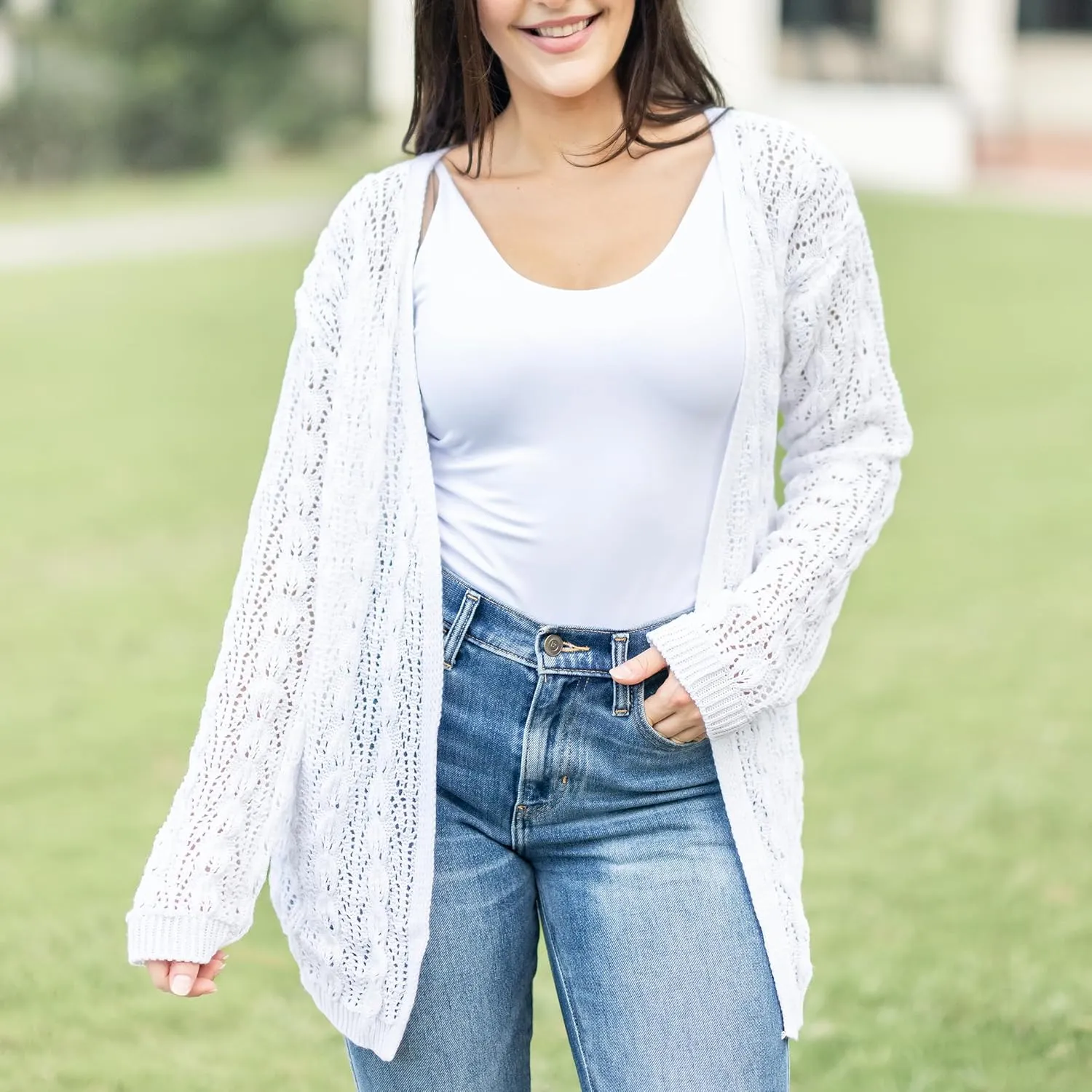Loxdonz Women's Crochet Cardigan Long Sleeve Lightweight Soft Open Front Knitted Kimono Sweater Cardigans