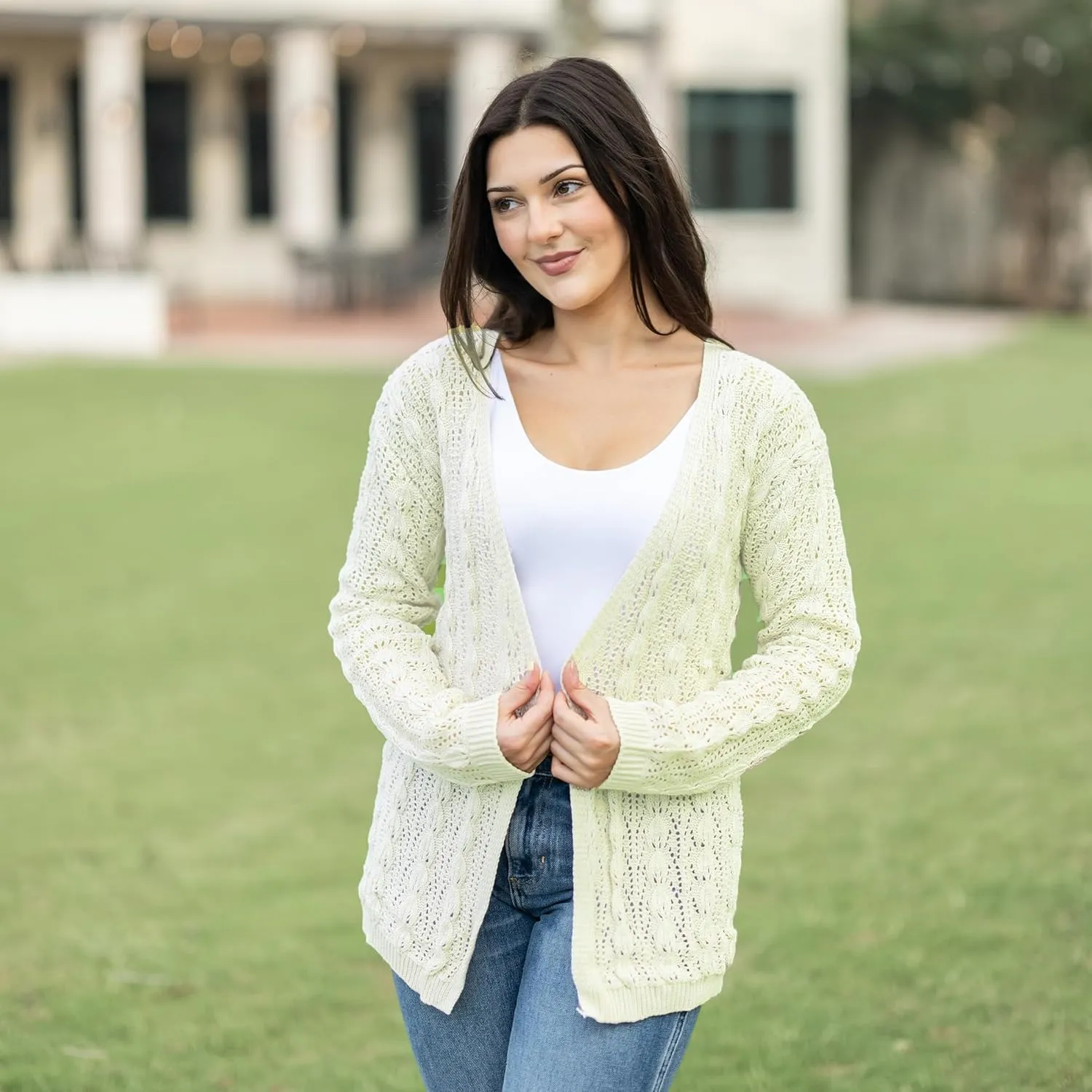 Loxdonz Women's Crochet Cardigan Long Sleeve Lightweight Soft Open Front Knitted Kimono Sweater Cardigans