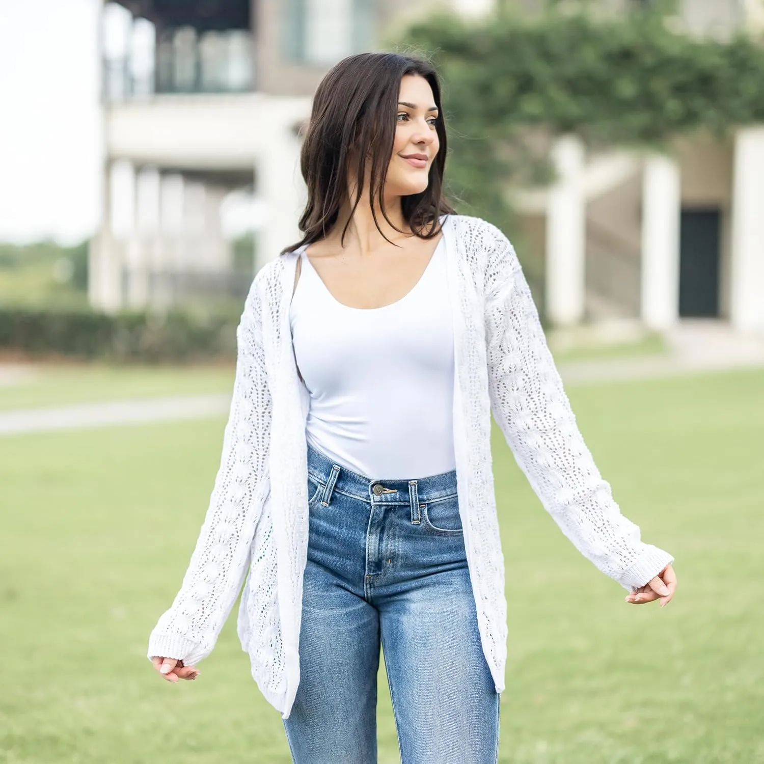 Loxdonz Women's Crochet Cardigan Long Sleeve Lightweight Soft Open Front Knitted Kimono Sweater Cardigans