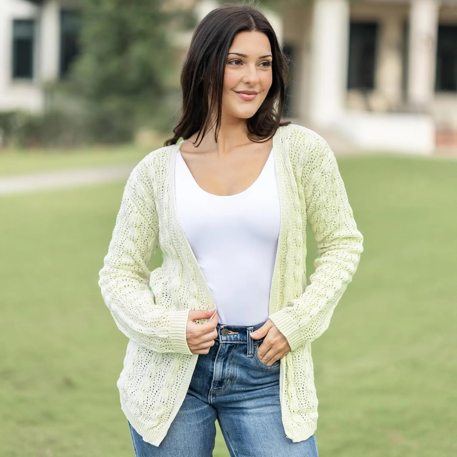 Loxdonz Women's Crochet Cardigan Long Sleeve Lightweight Soft Open Front Knitted Kimono Sweater Cardigans