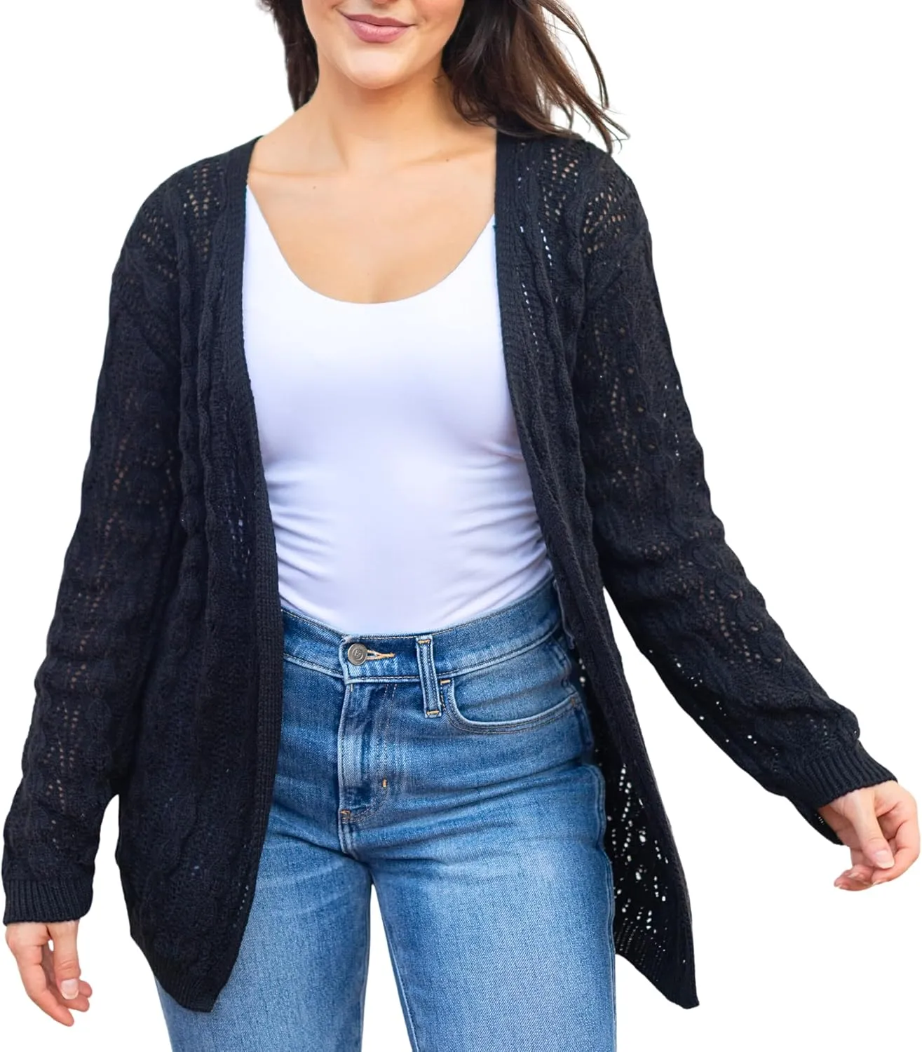 Loxdonz Women's Crochet Cardigan Long Sleeve Lightweight Soft Open Front Knitted Kimono Sweater Cardigans