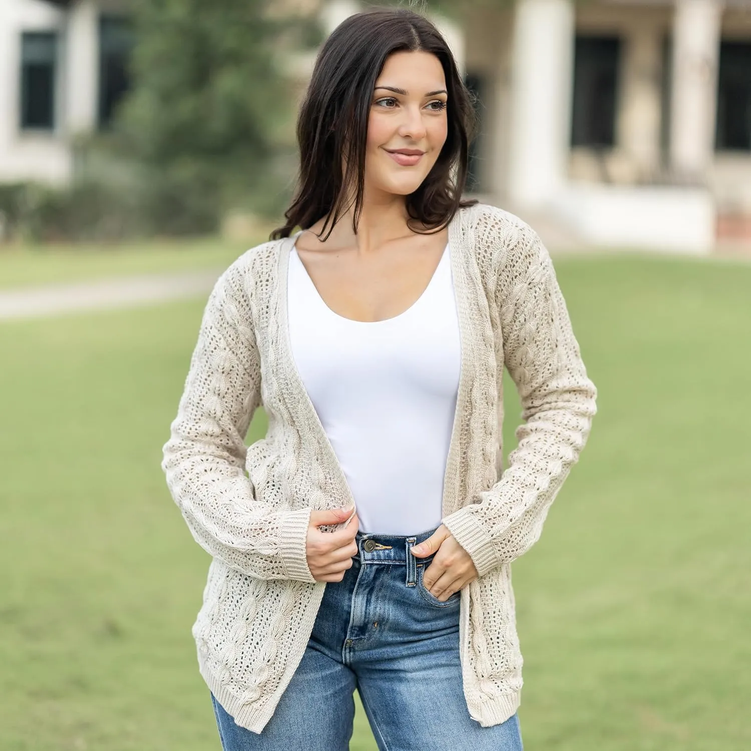 Loxdonz Women's Crochet Cardigan Long Sleeve Lightweight Soft Open Front Knitted Kimono Sweater Cardigans