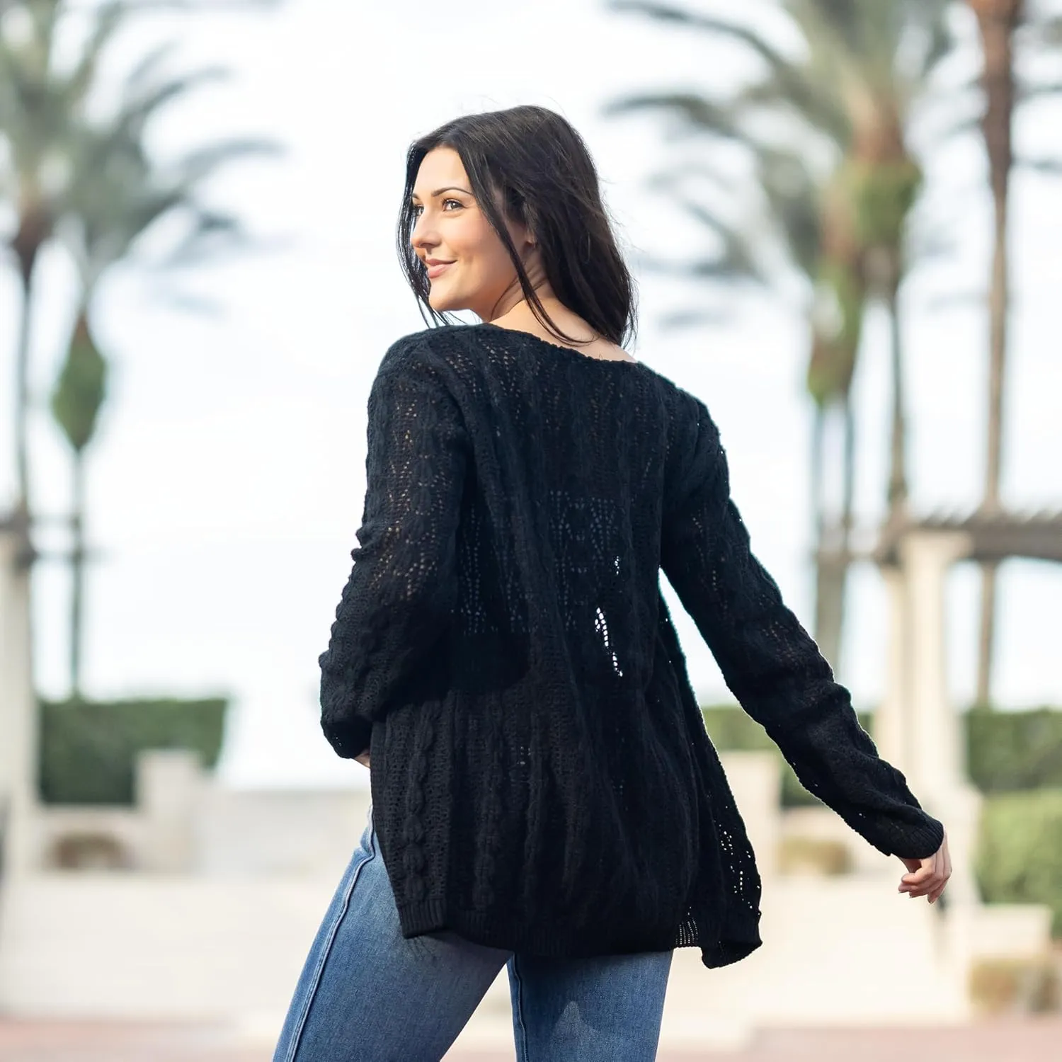 Loxdonz Women's Crochet Cardigan Long Sleeve Lightweight Soft Open Front Knitted Kimono Sweater Cardigans