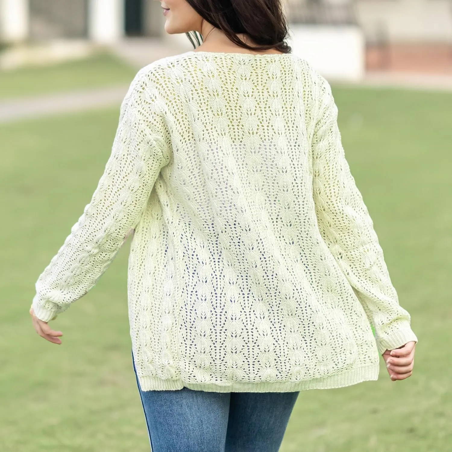 Loxdonz Women's Crochet Cardigan Long Sleeve Lightweight Soft Open Front Knitted Kimono Sweater Cardigans