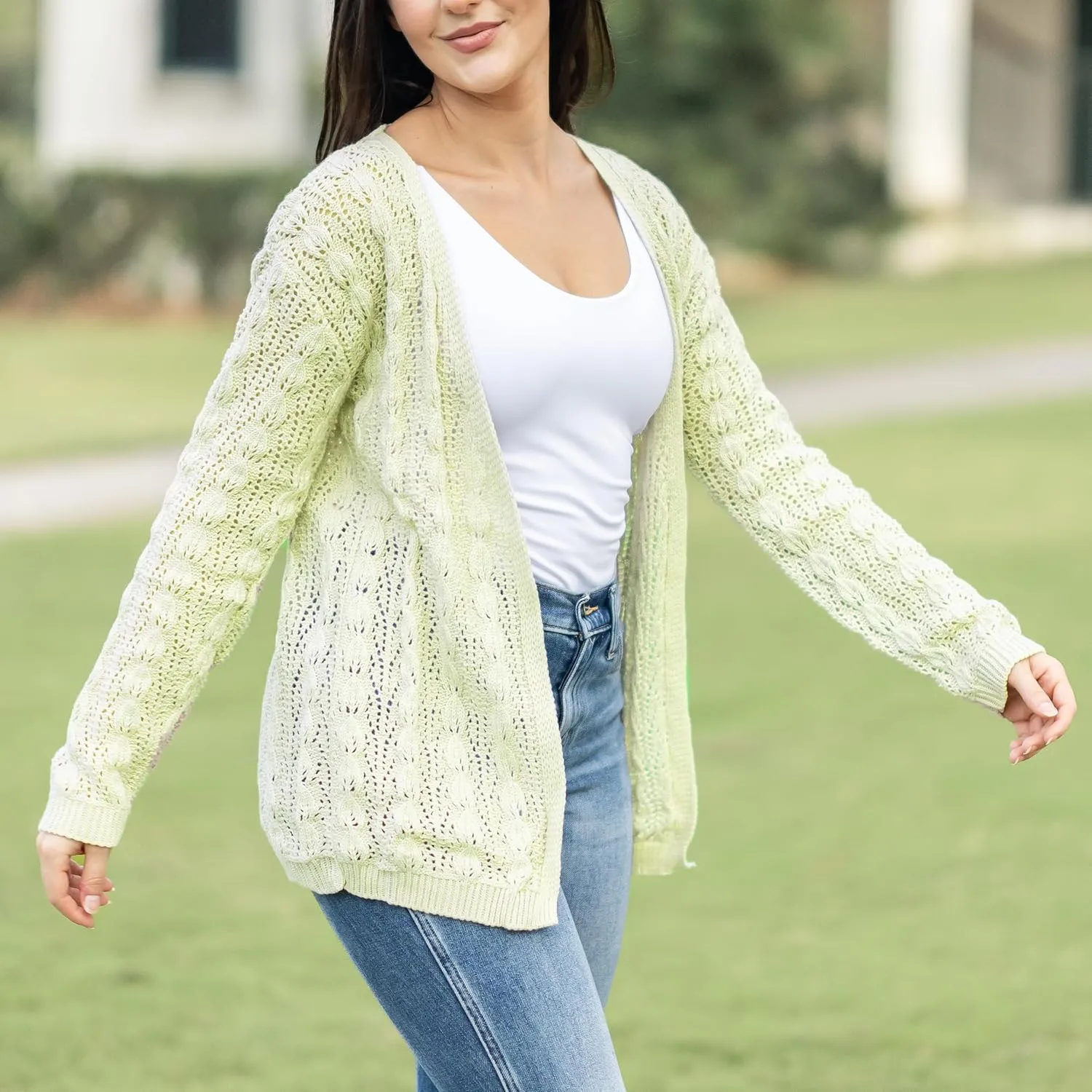 Loxdonz Women's Crochet Cardigan Long Sleeve Lightweight Soft Open Front Knitted Kimono Sweater Cardigans