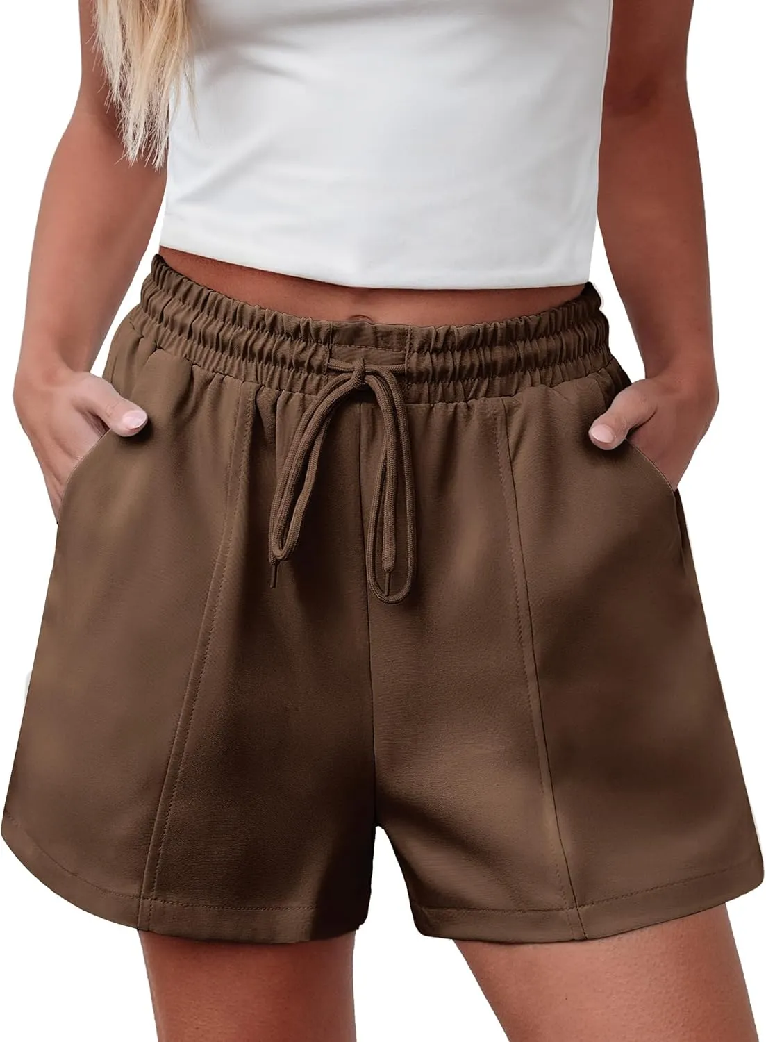 luvamia Casual Shorts for Women High Waisted Pull On Elastic Waist Drawstring Summer Trendy Beach Shorts with Pockets