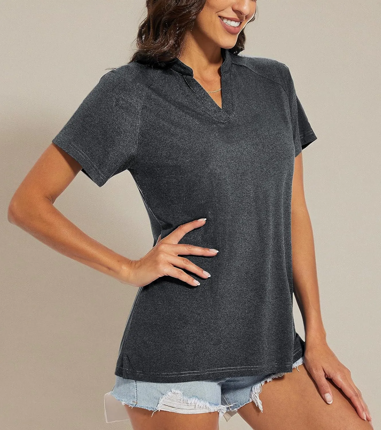 MAGCOMSEN Women's Polo Shirts V Neck UPF 50  Short Sleeve T Shirts Collarless Sun Protection Quick Dry Golf Tennis Tops