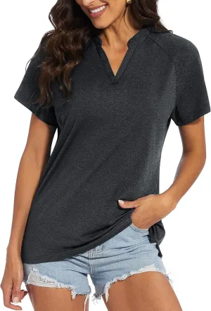 MAGCOMSEN Women's Polo Shirts V Neck UPF 50  Short Sleeve T Shirts Collarless Sun Protection Quick Dry Golf Tennis Tops