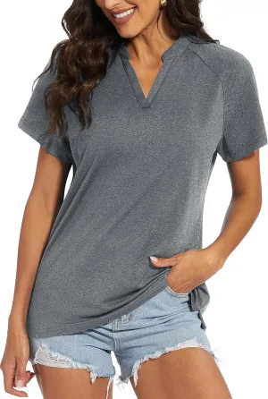 MAGCOMSEN Women's Polo Shirts V Neck UPF 50  Short Sleeve T Shirts Collarless Sun Protection Quick Dry Golf Tennis Tops