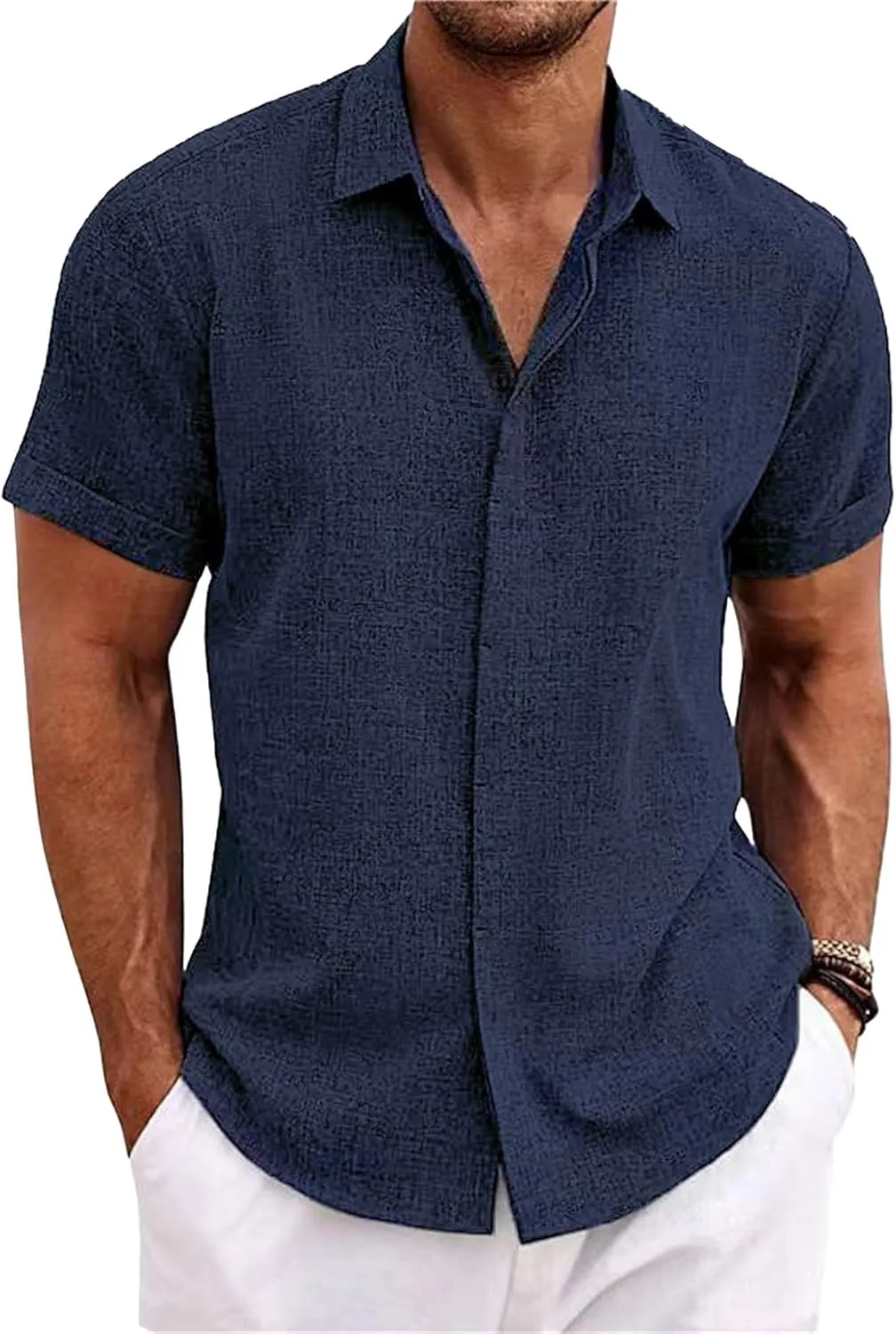 Maiyifu-GJ 3 Pack Men's Summer Casual Button Down Shirts Short Sleeve Cotton Linen Shirt Lightweight Breathable Beach Shirts