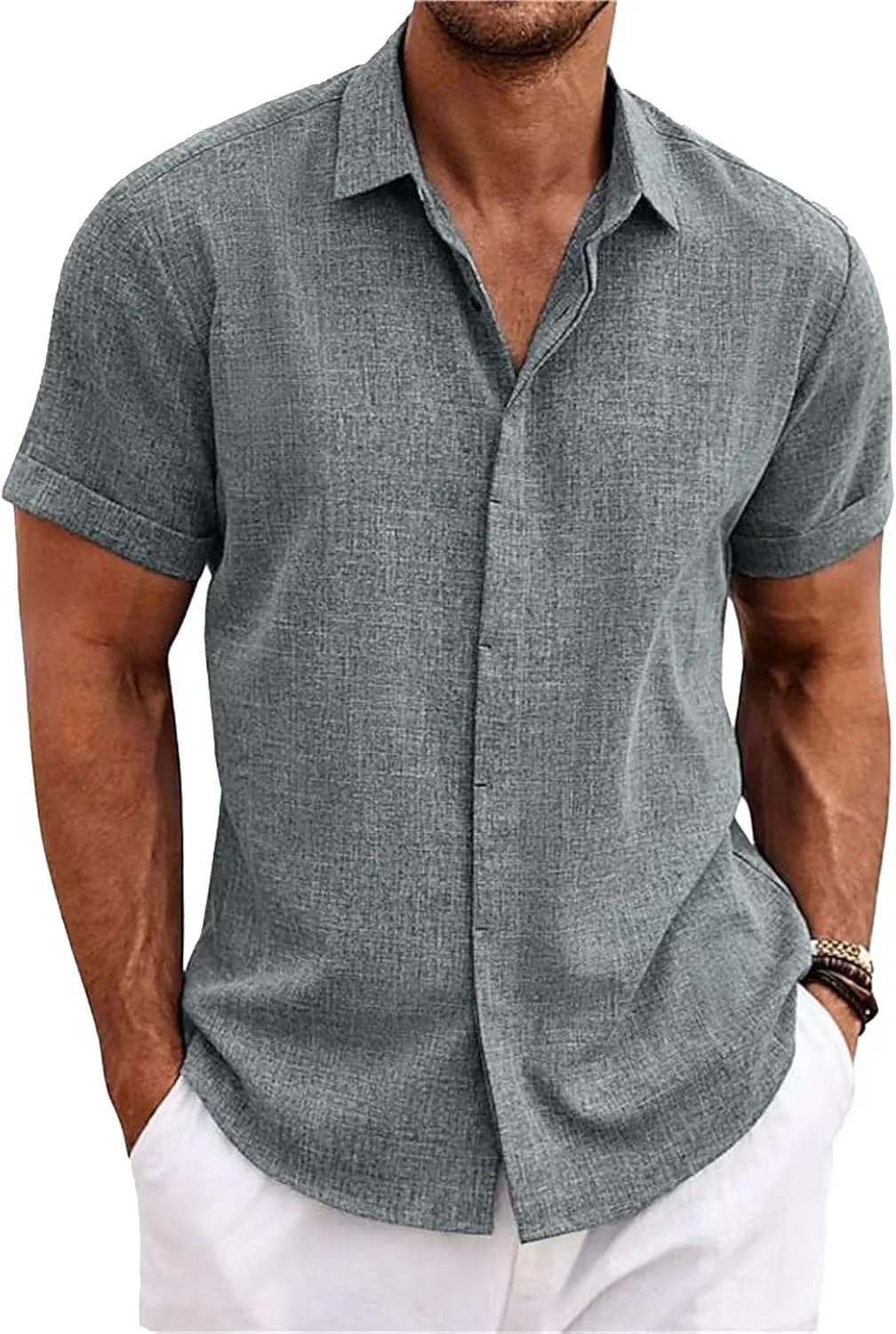 Maiyifu-GJ 3 Pack Men's Summer Casual Button Down Shirts Short Sleeve Cotton Linen Shirt Lightweight Breathable Beach Shirts