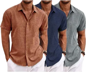 Maiyifu-GJ 3 Pack Men's Summer Casual Button Down Shirts Short Sleeve Cotton Linen Shirt Lightweight Breathable Beach Shirts