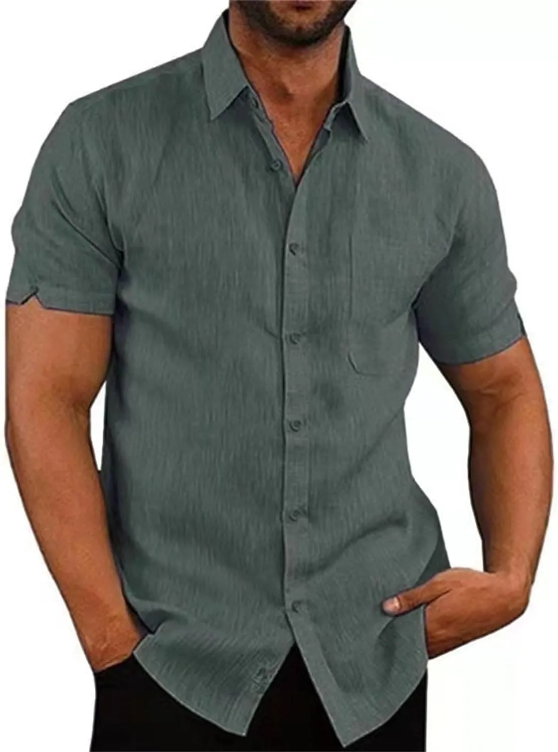 Maiyifu-GJ Mens Cotton Linen Button Down Shirts Summer Casual Short Sleeve Shirts Lightweight Breathable Business Dress Shirt