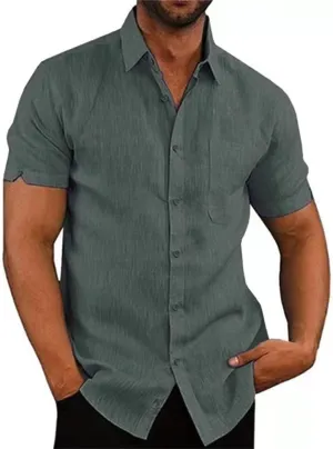 Maiyifu-GJ Mens Cotton Linen Button Down Shirts Summer Casual Short Sleeve Shirts Lightweight Breathable Business Dress Shirt