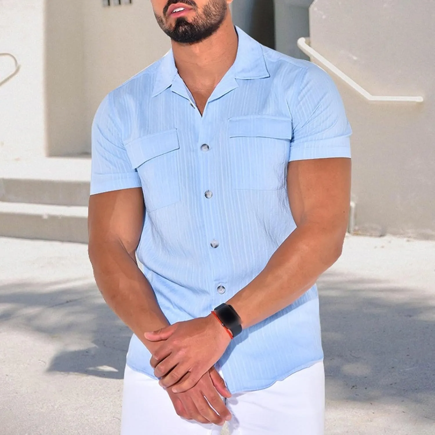Maiyifu-GJ Men's Summer Casual Shirts Lightweight Cotton Linen Button Down Shirts Short Sleeve Dress Shirt with Pocket