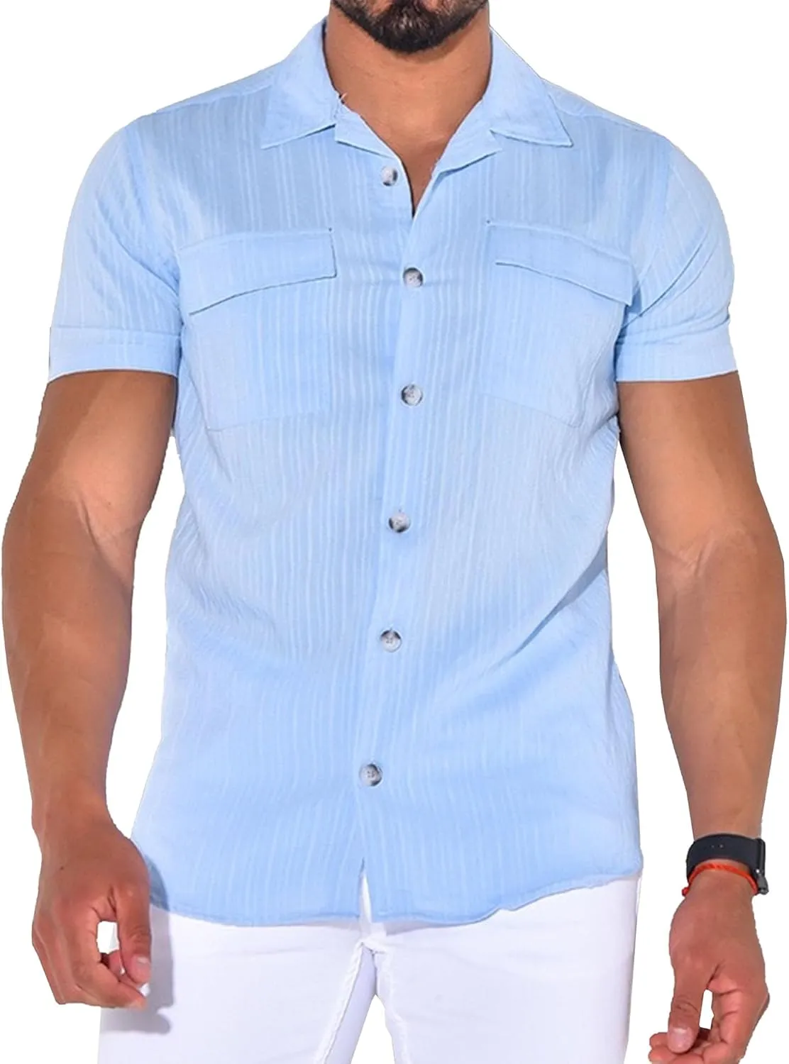 Maiyifu-GJ Men's Summer Casual Shirts Lightweight Cotton Linen Button Down Shirts Short Sleeve Dress Shirt with Pocket