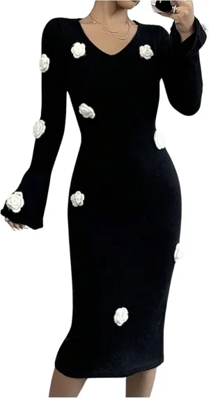 MakeMeChic Women's Elegant 3D Floral Bell Sleeve V Neck Midi Sweater Dress Fall Bodycon Dresses
