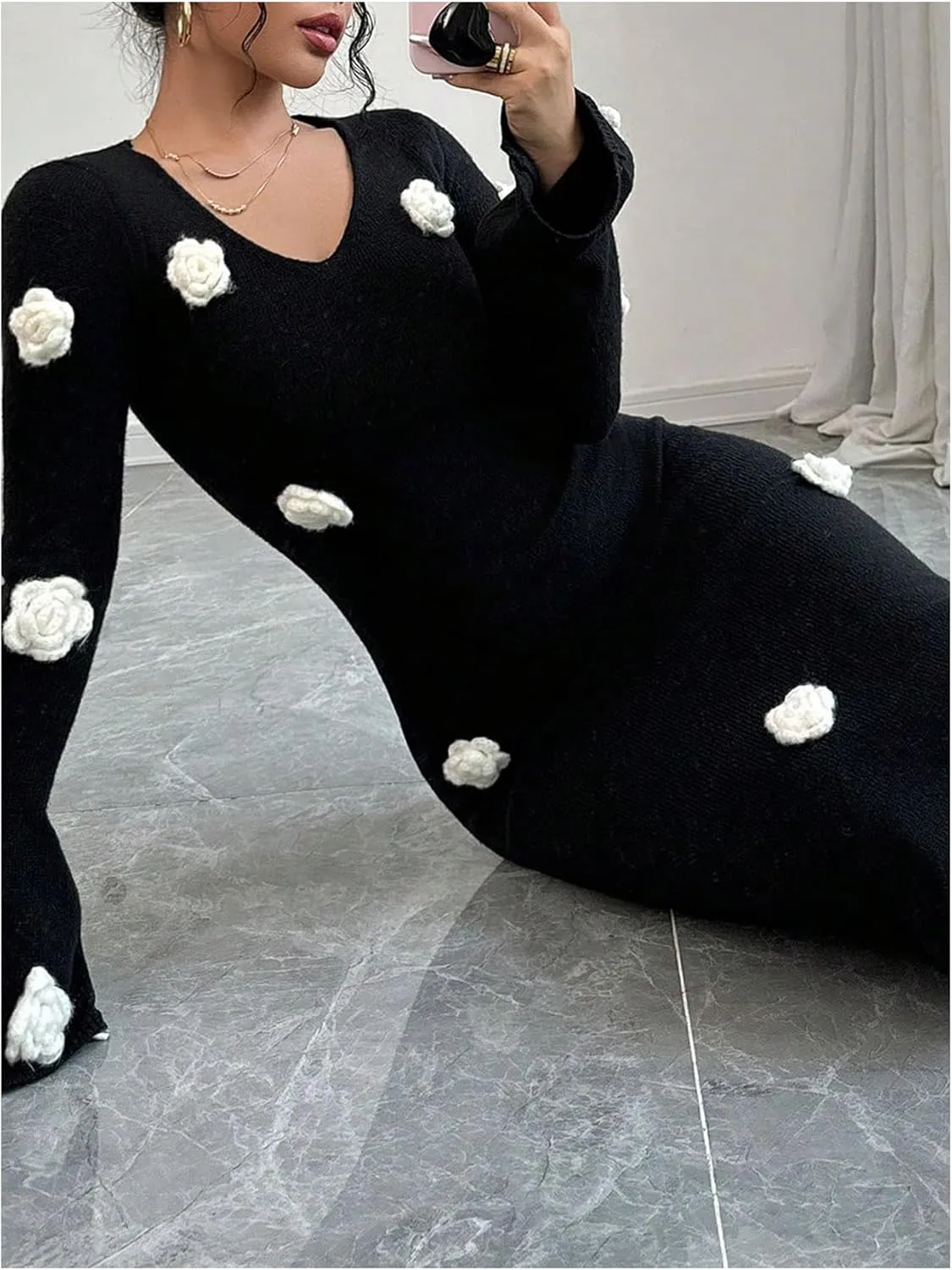 MakeMeChic Women's Elegant 3D Floral Bell Sleeve V Neck Midi Sweater Dress Fall Bodycon Dresses
