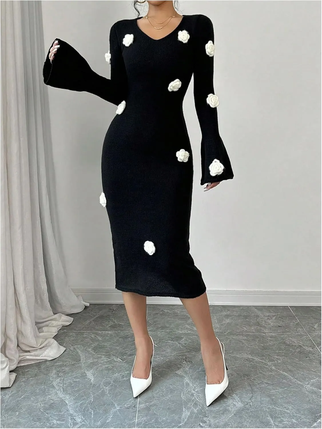 MakeMeChic Women's Elegant 3D Floral Bell Sleeve V Neck Midi Sweater Dress Fall Bodycon Dresses