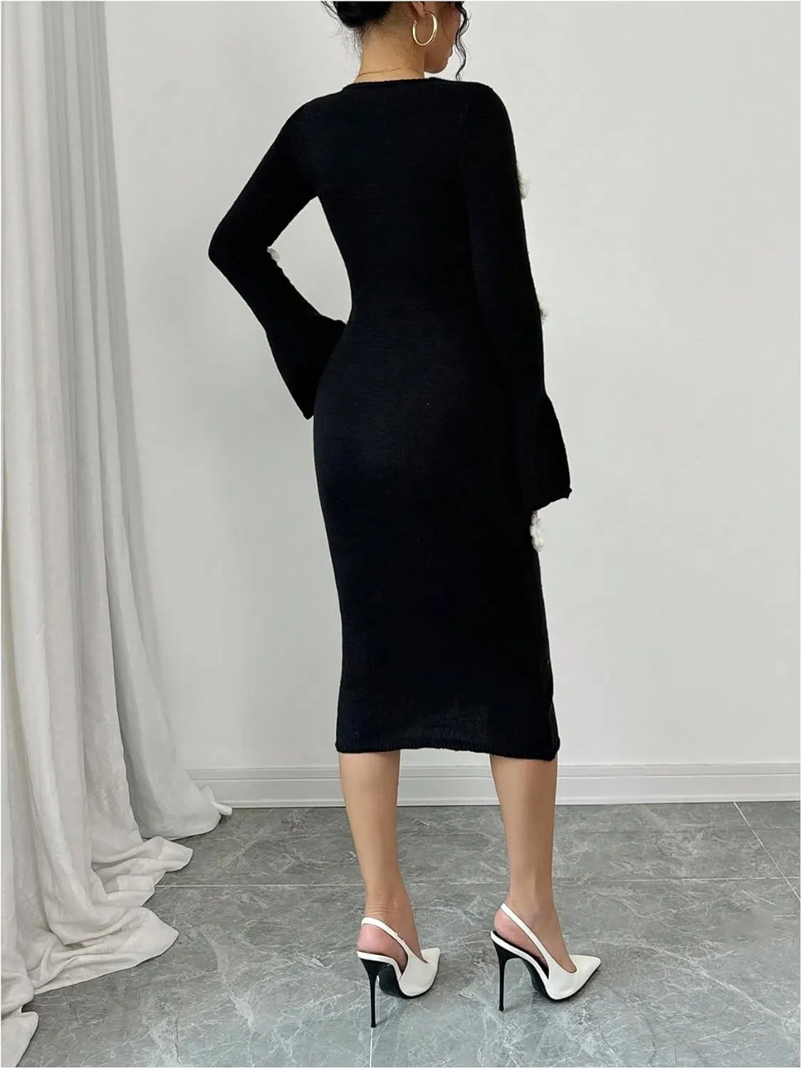 MakeMeChic Women's Elegant 3D Floral Bell Sleeve V Neck Midi Sweater Dress Fall Bodycon Dresses