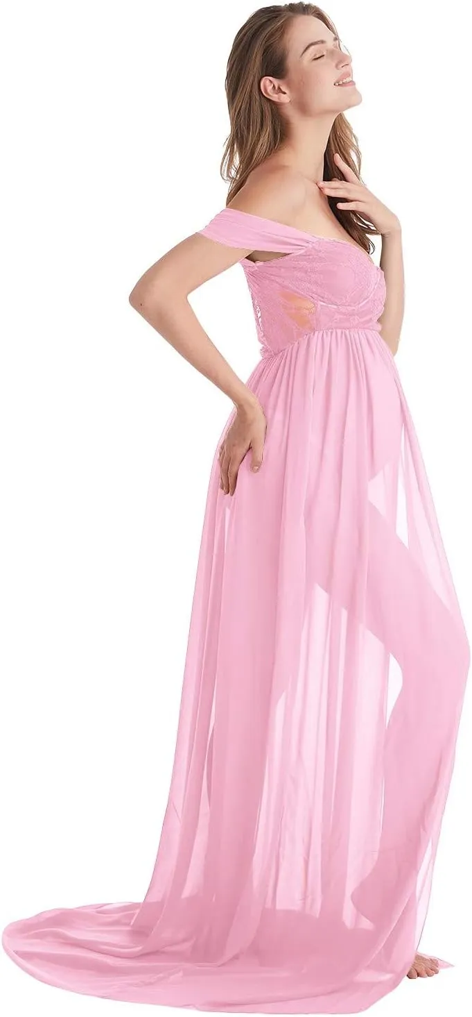Maternity Chiffon Dresses for Photo Shoot Off Shoulder Split Front Maxi Photography Wedding Party Baby Shower Gown