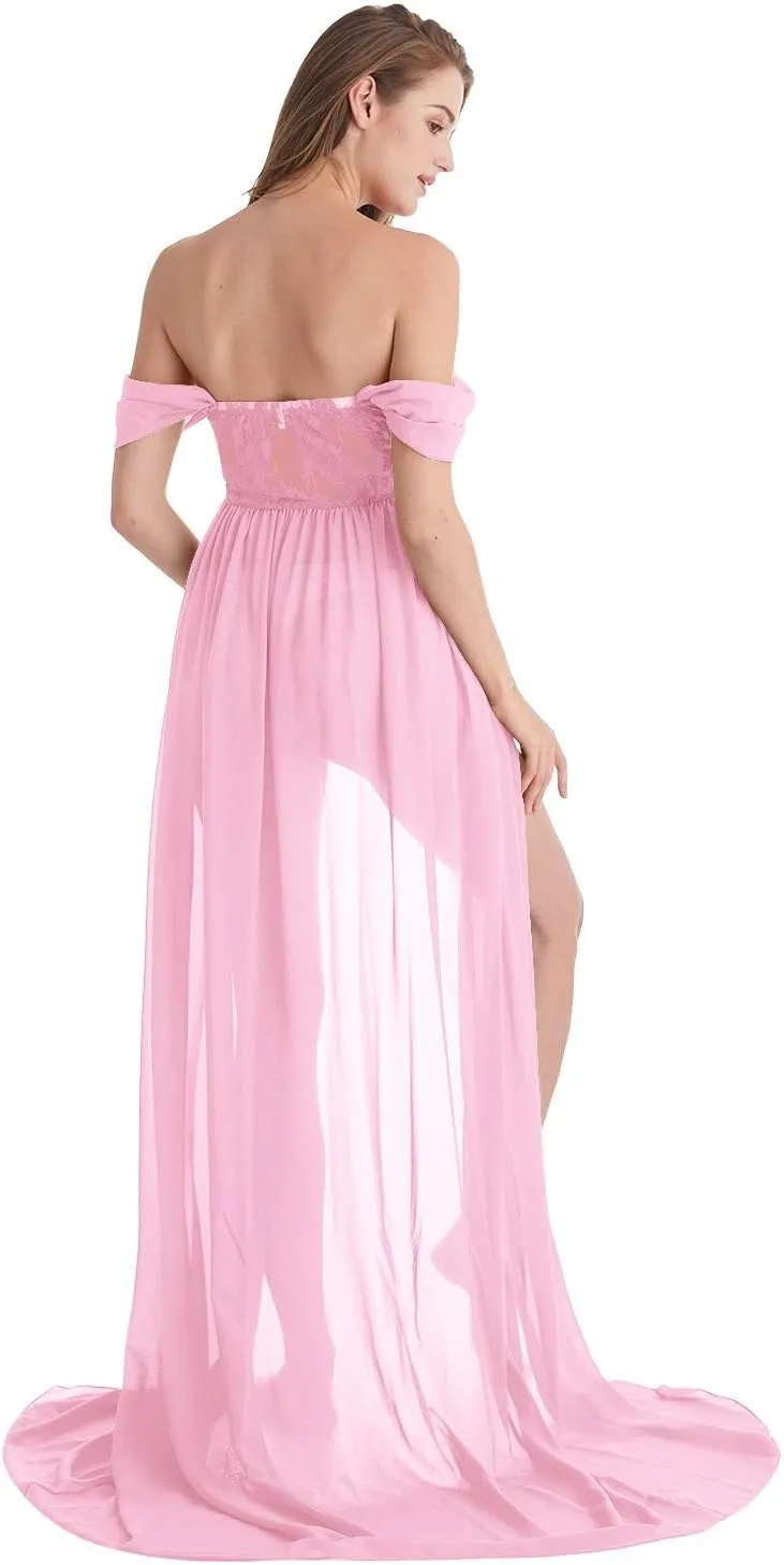 Maternity Chiffon Dresses for Photo Shoot Off Shoulder Split Front Maxi Photography Wedding Party Baby Shower Gown