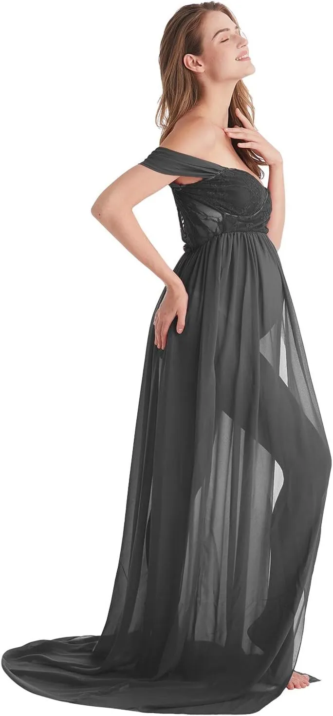 Maternity Chiffon Dresses for Photo Shoot Off Shoulder Split Front Maxi Photography Wedding Party Baby Shower Gown