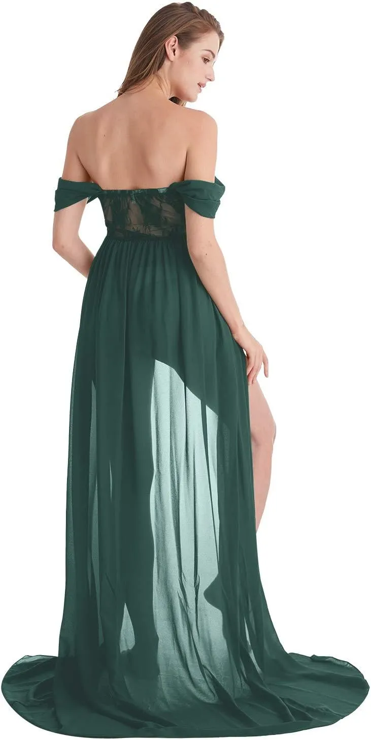 Maternity Chiffon Dresses for Photo Shoot Off Shoulder Split Front Maxi Photography Wedding Party Baby Shower Gown