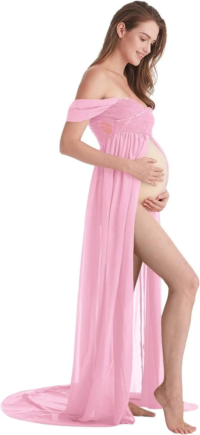 Maternity Chiffon Dresses for Photo Shoot Off Shoulder Split Front Maxi Photography Wedding Party Baby Shower Gown