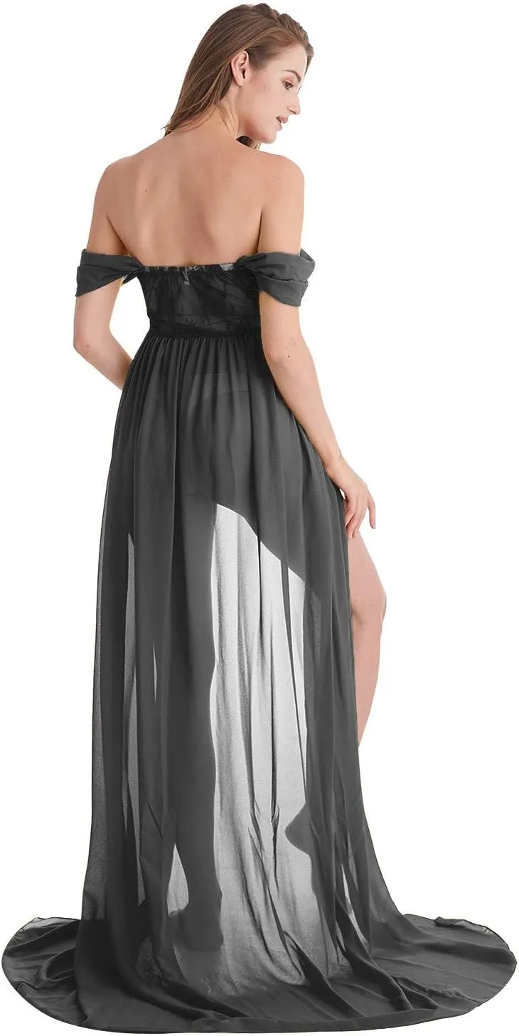 Maternity Chiffon Dresses for Photo Shoot Off Shoulder Split Front Maxi Photography Wedding Party Baby Shower Gown