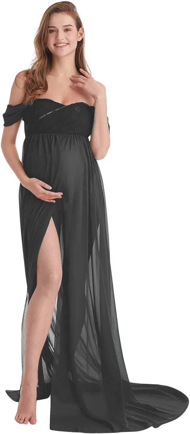 Maternity Chiffon Dresses for Photo Shoot Off Shoulder Split Front Maxi Photography Wedding Party Baby Shower Gown