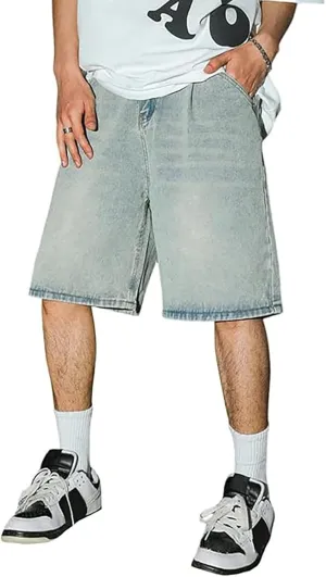 Men Baggy Jean Shorts Loose Fit Long Denim Shorts Wide Leg Hip Hop Streetwear