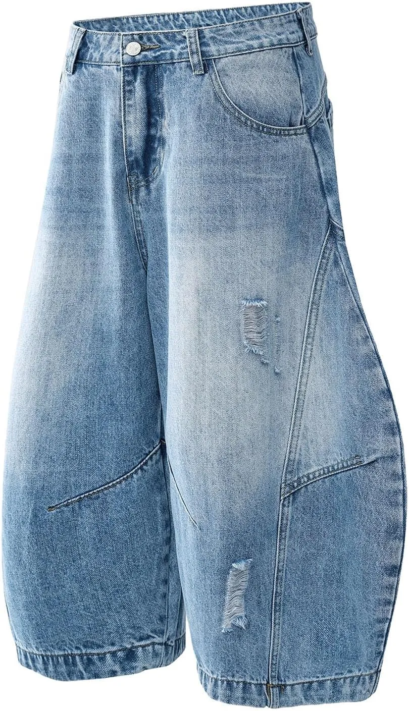 Men Baggy Jean Shorts Loose Fit Long Denim Shorts Wide Leg Hip Hop Streetwear