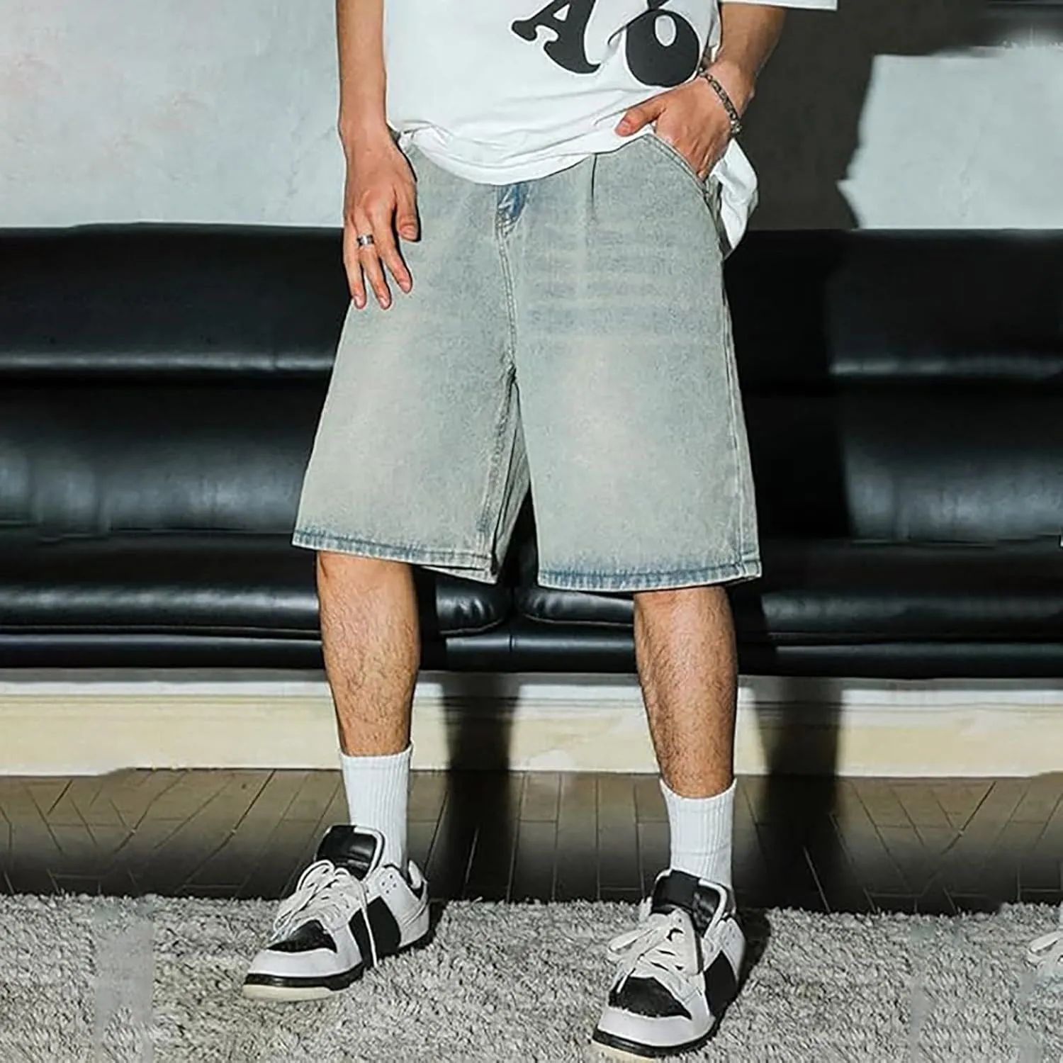 Men Baggy Jean Shorts Loose Fit Long Denim Shorts Wide Leg Hip Hop Streetwear
