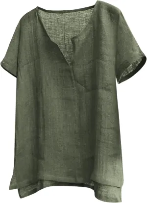 Men Cotton Linen Henley Shirts Hippie Baggy Breathable Short Sleeve Blouses Tees Summer Casual V Neck Beach Yoga Tops