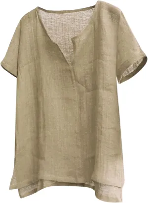 Men Cotton Linen Henley Shirts Hippie Baggy Breathable Short Sleeve Blouses Tees Summer Casual V Neck Beach Yoga Tops