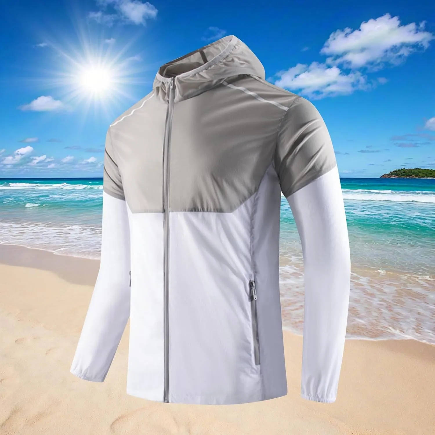 Men Summer UPF 50  Fishing Shirts, Full Zip Long Sleeve UV Sun Hoodie, Hiking Running Swimming Athletic Workout Shirt