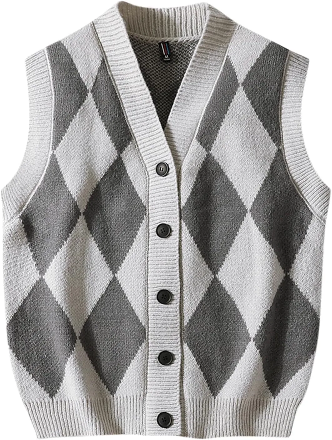 Men's Argyle Sweater Vest Button Down V Neck Sleeveless Fall Cardigan Casual Knitted Slim Fit Jumper Tops