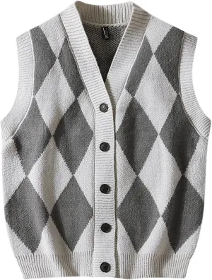 Men's Argyle Sweater Vest Button Down V Neck Sleeveless Fall Cardigan Casual Knitted Slim Fit Jumper Tops