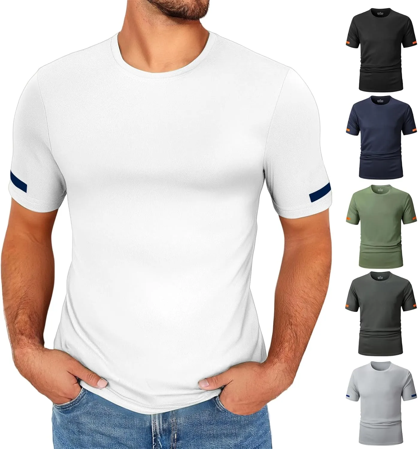 Men's Athletic T Shirts Crewneck Short Sleeve Stretch Tees Gym Workout Basic Tees Regular Fit Fitness Pullover Tops