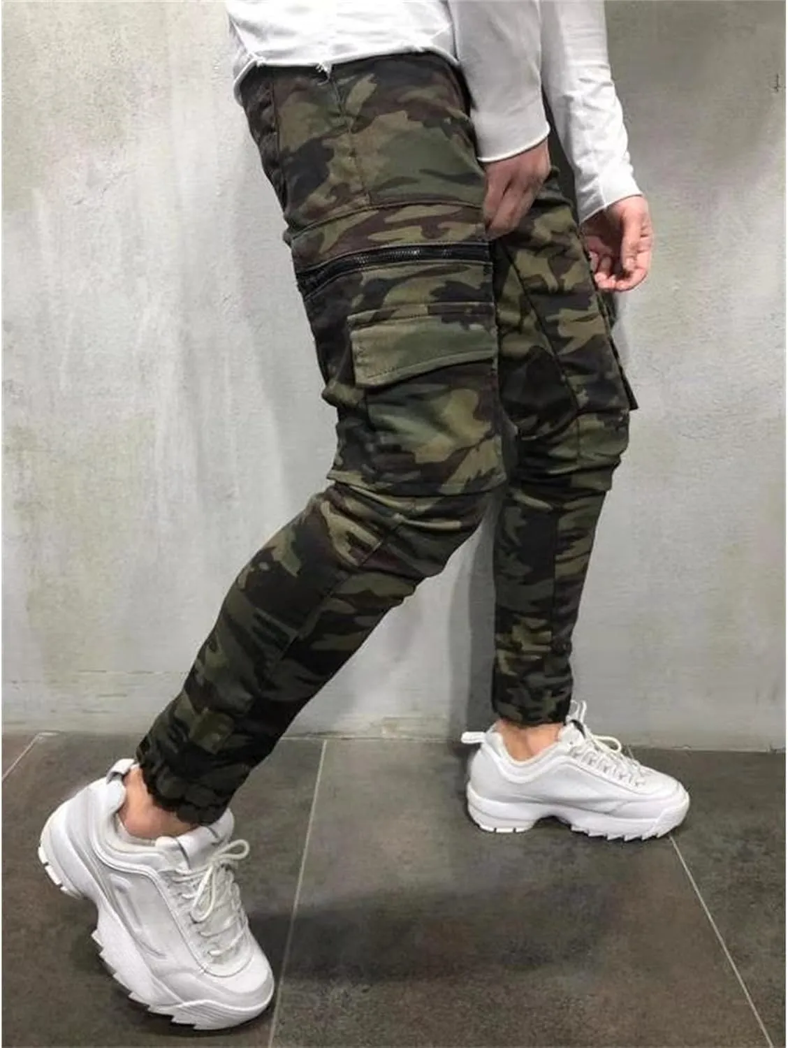 Mens Cargo Multi Pocket Denim Pants Slim Fit Casual Workout Jeans Biker Moto Washed Straight Jean